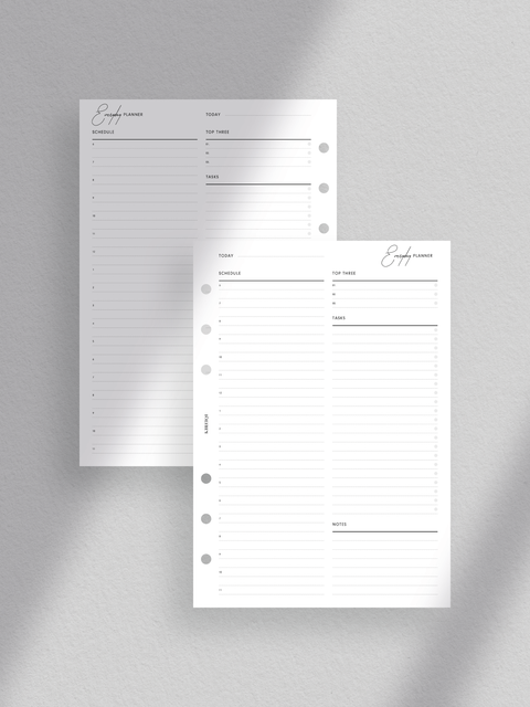 Elegant daily planner printable template with minimalist design, featuring hourly schedule, tasks/to-do section, notes section, and top three goals/priorities section. Ideal for organized scheduling and productivity. Digital download in PDF format for printing at home.