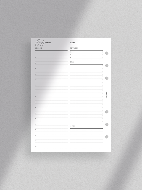 Elegant daily planner printable template with minimalist design, featuring hourly schedule, tasks/to-do section, notes section, and top three goals/priorities section. Ideal for organized scheduling and productivity. Digital download in PDF format for printing at home.