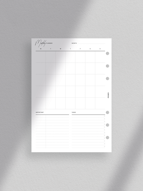 Monthly planner calendar with a vertical overview. Clean, minimalist aesthetic with a touch of luxury design. Layout Personal Wide size planner printable template in PDF file format. Digital download for instant access. Undated calendar for flexible use.