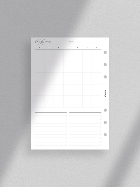 Monthly planner printable with clean minimalist aesthetic. Undated calendar. available for digital download in PDF format. Personal Wide size. Layout with luxurious design. Two sections for to-do/tasks. Available in 5 or 6 rows depending on month's duration.