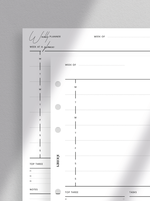 Personal wide size planner, weekly planner printable template, digital download, pdf file format, ready to print, week on one page, clean, minimalist layout design, aesthetic, luxury. Section for week at a glance, to-dos and tasks, and goals and objectives.