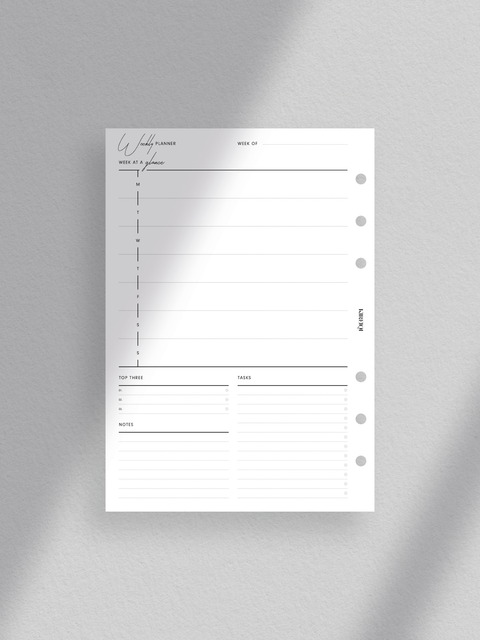 Personal wide size planner, weekly planner printable template, digital download, pdf file format, ready to print, week on one page, clean, minimalist layout design, aesthetic, luxury. Section for week at a glance, to-dos and tasks, and goals and objectives.