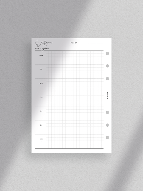 Personal wide size, a luxury minimalist weekly planner printable in PDF format, accessible for digital download. Clean design with modern aesthetics, featuring sections for each day of the week. Offers ample space for scheduling appointments, tasks, and notes. Ideal for individuals seeking stylish and functional organizational tools.