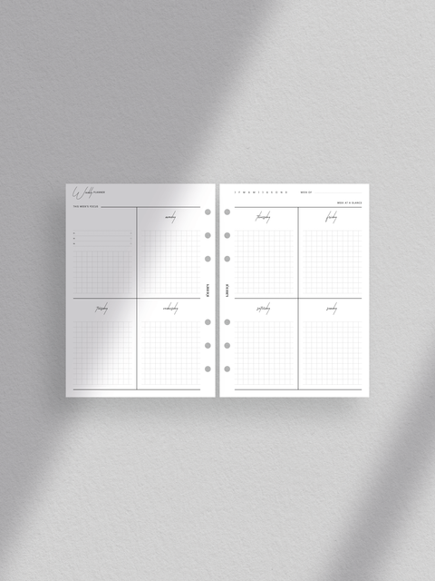 Weekly planner printable, personal wide size, pdf file, digital download, vertical overview, clean minimalist design, luxury aesthetic.