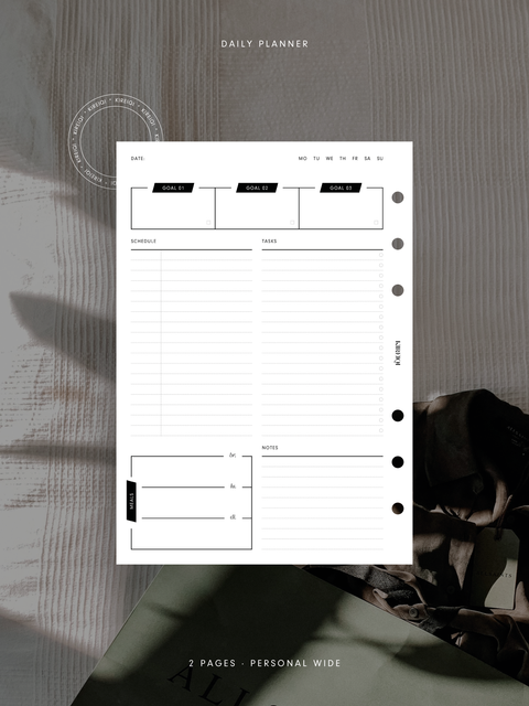 Personal wide size, daily planner with a schedule section, top priorities, task list, meal plan, and notes area to help organize your day efficiently. PDF file, digital download.