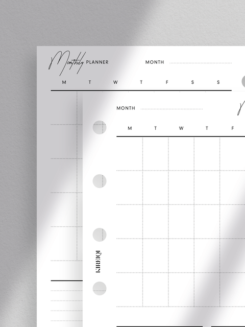Monthly planner calendar with a vertical overview. Clean, minimalist aesthetic with a touch of luxury design layout. Pocket size planner printable template in PDF file format. Digital instant download for instant access. Undated calendar for flexible use.