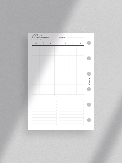 Monthly planner calendar with a vertical overview. Clean, minimalist aesthetic with a touch of luxury design layout. Pocket size planner printable template in PDF file format. Digital instant download for instant access. Undated calendar for flexible use.