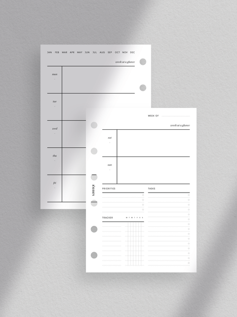 Pocket size. Comprehensive weekly planner layout. Includes week at a glance, priorities, tasks, tracker. Features week on two pages design. Minimalist and sleek aesthetic. Perfect for efficient organization and goal achievement.