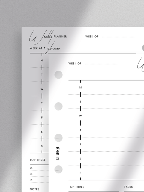 Pocket size, Weekly planner printable with clean minimalist aesthetic. Week on one page layout in PDF file format. Digital download. Printable planner template. Sections for weekly schedule, notes, top three goals and objectives, and tasks/to-do.