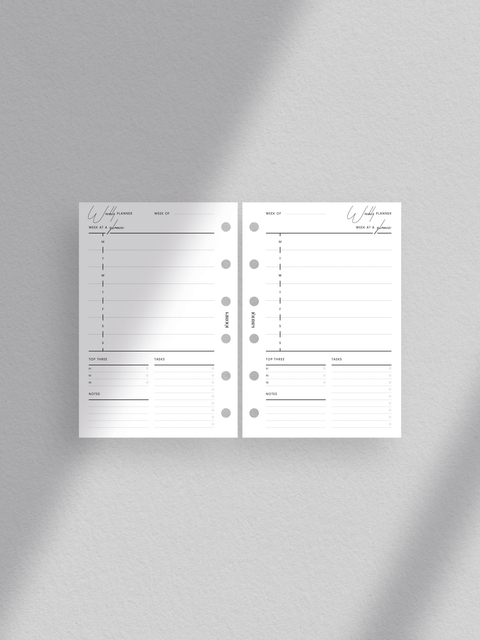Pocket size, Weekly planner printable with clean minimalist aesthetic. Week on one page layout in PDF file format. Digital download. Printable planner template. Sections for weekly schedule, notes, top three goals and objectives, and tasks/to-do.