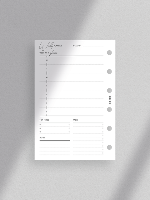 Pocket size, Weekly planner printable with clean minimalist aesthetic. Week on one page layout in PDF file format. Digital download. Printable planner template. Sections for weekly schedule, notes, top three goals and objectives, and tasks/to-do.