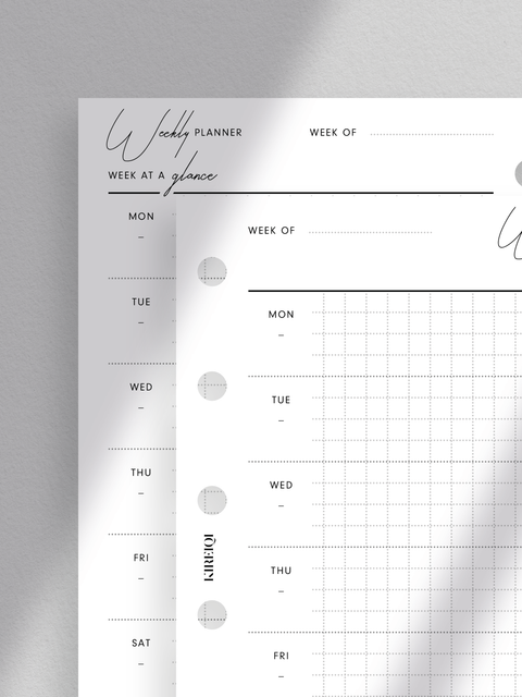 Personal size, weekly planner printable, Clean, sleek aesthetic luxe design layout, Minimalist style for modern organization, Instant digital download in PDF file format, Print at home for convenience, Week at a glance on one page.