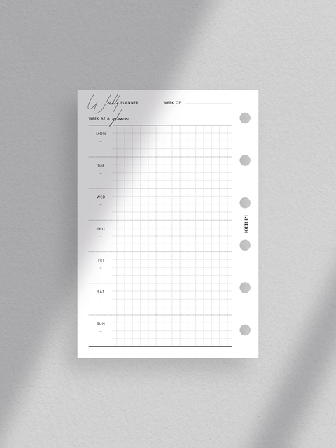 Personal size, weekly planner printable, Clean, sleek aesthetic luxe design layout, Minimalist style for modern organization, Instant digital download in PDF file format, Print at home for convenience, Week at a glance on one page.
