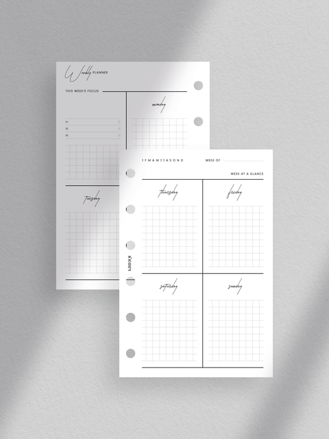 Weekly planner printable template for Pocket size planners. The design is clean, minimalist, and aesthetically pleasing, featuring a week-on-two-pages layout with a dedicated section for weekly focus on objectives and goals.