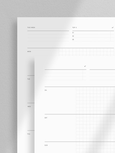 A versatile Weekly Planner Digital Download, offered in PDF format and four convenient sizes: A4, A5, US Letter, and Half-Letter. This printable planner features a minimalist aesthetic design with a spacious grid layout for each day of the week. Noteworthy sections include top 3 goals of the week, as well as dedicated spaces for important tasks and to-dos.