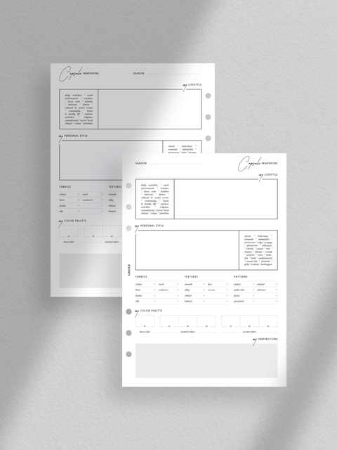 A stylish A5 printable planner cover with the title 'Capsule Wardrobe Planner' surrounded by fashion icons and illustrations, representing its contents including lifestyle insights, wardrobe organization, and inventory management.