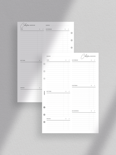 A stylish A5 printable planner cover with the title 'Capsule Wardrobe Planner' surrounded by fashion icons and illustrations, representing its contents including lifestyle insights, wardrobe organization, and inventory management.