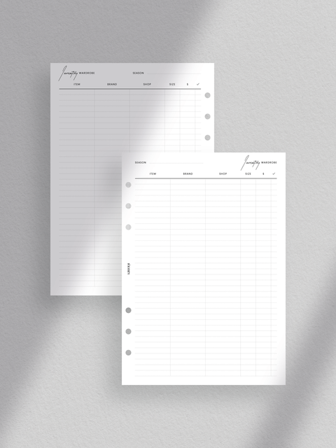 A stylish A5 printable planner cover with the title 'Capsule Wardrobe Planner' surrounded by fashion icons and illustrations, representing its contents including lifestyle insights, wardrobe organization, and inventory management.