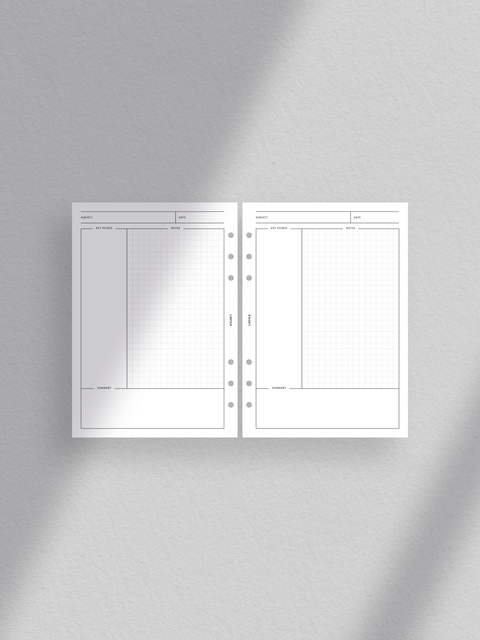 Cornell Note planner printable template: Clean, minimalist design; aesthetic, luxury layout; clutter-free; digital download; PDF files format; print at home; A5 size.