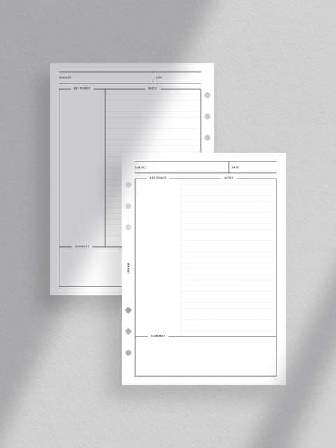 Cornell Note planner printable template: Clean, minimalist design; aesthetic, luxury layout; clutter-free; digital download; PDF files format; print at home; A5 size.