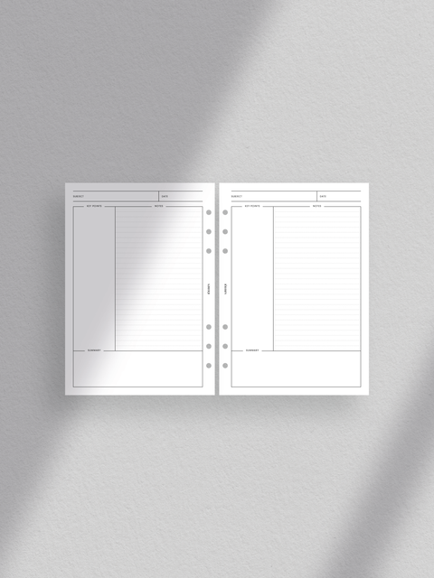 Cornell Note planner printable template: Clean, minimalist design; aesthetic, luxury layout; clutter-free; digital download; PDF files format; print at home; A5 size.