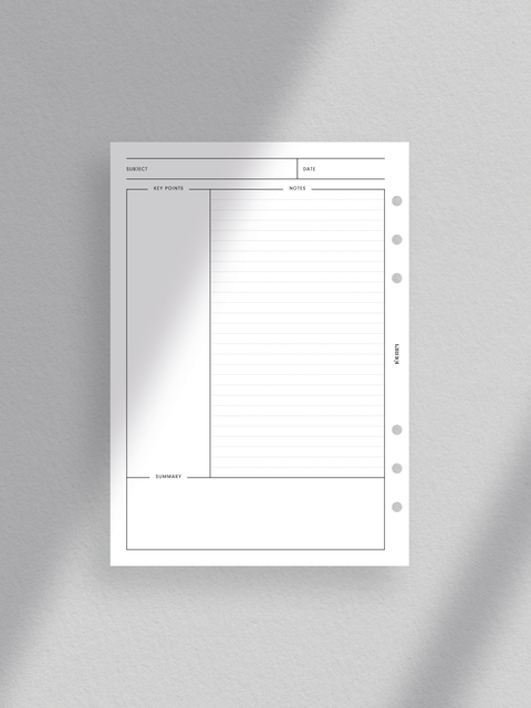 Cornell Note planner printable template: Clean, minimalist design; aesthetic, luxury layout; clutter-free; digital download; PDF files format; print at home; A5 size.