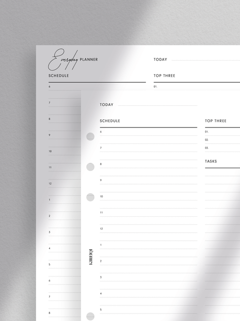 A minimalist daily planner printable. Clean and simple layout, designed for efficiency and productivity. Available in PDF format for digital download, A5 size.