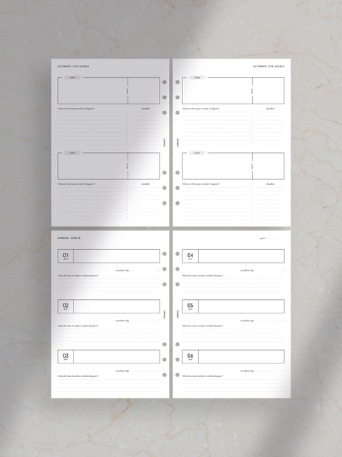 Goal and project planner, success and productivity, planner printables, digital download, instant download, pdf file, 52 pages, aesthetic, clean, sleek, luxury design layout, dream life, vision of life, tracker, pomodoro technique, priority matrix, organization, planning.