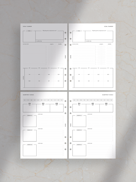 Goal and project planner, success and productivity, planner printables, digital download, instant download, pdf file, 52 pages, aesthetic, clean, sleek, luxury design layout, dream life, vision of life, tracker, pomodoro technique, priority matrix, organization, planning.