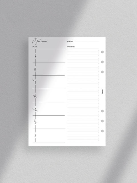 Weekly meal plan planner printable template instant digital downlaod PDF file format, clean, sleek, minimalist design layout, aesthetic. Planning and organization.