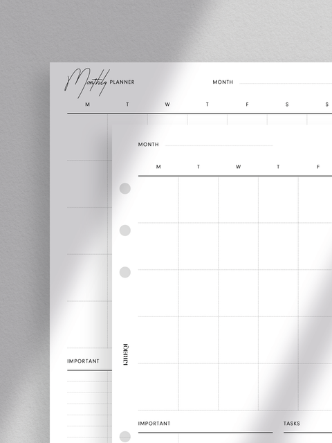 Monthly planner calendar with a vertical overview Clean, minimalist aesthetic with a touch of luxury design layout A5 size planner printable template in PDF file format Digital download for instant access Undated calendar for flexible use