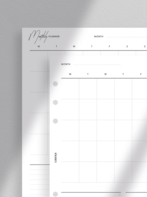 Monthly planner printable with clean minimalist aesthetic Undated calendar available for digital download in PDF format A5 size layout with luxurious design Two sections for to-do/tasks Available in 5 or 6 rows depending on month's duration