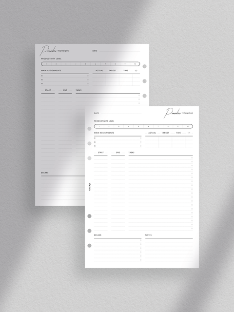 Minimalist Pomodoro Technique printables featuring clean design and aesthetic appeal for enhanced productivity. Sections include productivity level scale, main assignments priorities, Pomodoro tasks, breaks, and notes, promoting focused work and efficient task management.