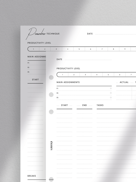 Minimalist Pomodoro Technique printables featuring clean design and aesthetic appeal for enhanced productivity. Sections include productivity level scale, main assignments priorities, Pomodoro tasks, breaks, and notes, promoting focused work and efficient task management.