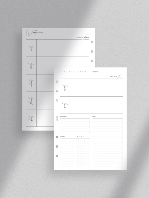 A5 size. Comprehensive weekly planner layout. Includes week at a glance, priorities, tasks, tracker. Features week on two pages design. Minimalist and sleek aesthetic. Perfect for efficient organization and goal achievement.