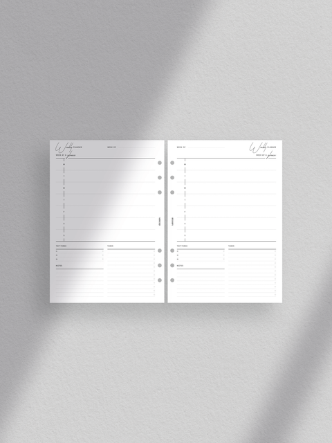  Weekly planner printable with clean minimalist aesthetic. Week on one page layout in PDF file format. Digital download. Printable planner template. Sections for weekly schedule, notes, top three goals and objectives, and tasks/to-do.