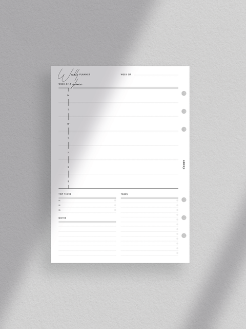  Weekly planner printable with clean minimalist aesthetic. Week on one page layout in PDF file format. Digital download. Printable planner template. Sections for weekly schedule, notes, top three goals and objectives, and tasks/to-do.