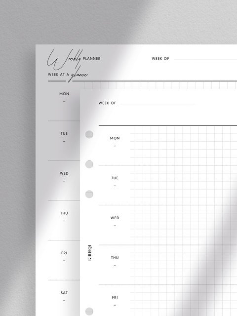 A minimalist A5 size weekly planner template. The sleek design features clean lines and a luxe aesthetic, ideal for efficient organization and productivity. With a week-on-one-page layout, this digital printable template helps users manage their schedules, tasks, and goals effectively.