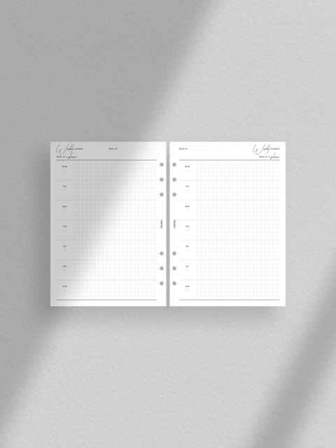 A minimalist A5 size weekly planner template. The sleek design features clean lines and a luxe aesthetic, ideal for efficient organization and productivity. With a week-on-one-page layout, this digital printable template helps users manage their schedules, tasks, and goals effectively.