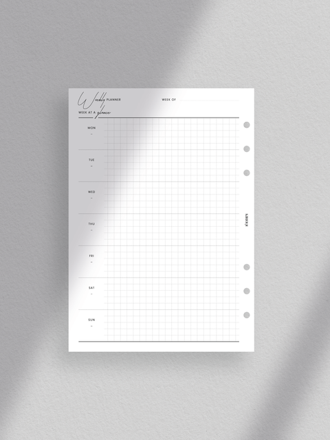 A minimalist A5 size weekly planner template. The sleek design features clean lines and a luxe aesthetic, ideal for efficient organization and productivity. With a week-on-one-page layout, this digital printable template helps users manage their schedules, tasks, and goals effectively.