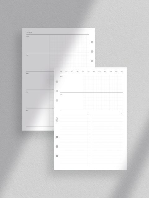 Weekly planner printable template, pdf file, instant digital download, minimalist clean design, A5 size, WO2P, week on two pages, to-do or task list, grid layout.