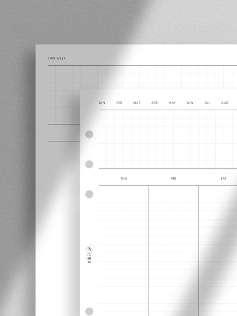 Weekly planner printable template, pdf file, instant digital download, minimalist clean design, A5 size, WO2P, week on two pages, to-do or task list, grid layout, vertical overview.