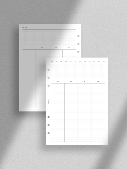 Weekly planner printable template, pdf file, instant digital download, minimalist clean design, A5 size, WO2P, week on two pages, to-do or task list, grid layout, vertical overview.