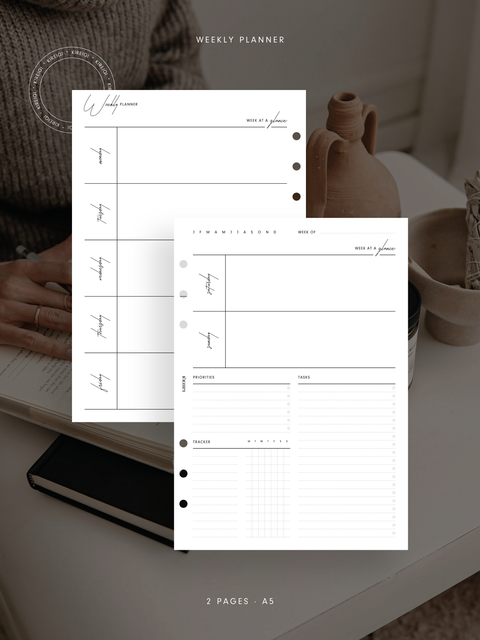 A5 size. Comprehensive weekly planner layout. Includes week at a glance, priorities, tasks, tracker. Features week on two pages design. Minimalist and sleek aesthetic. Perfect for efficient organization and goal achievement.
