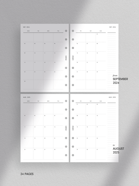 2024/2025 monthly calendar planner printables inserts digital download, PDF file, A6 size, aesthetic minimal design layout.