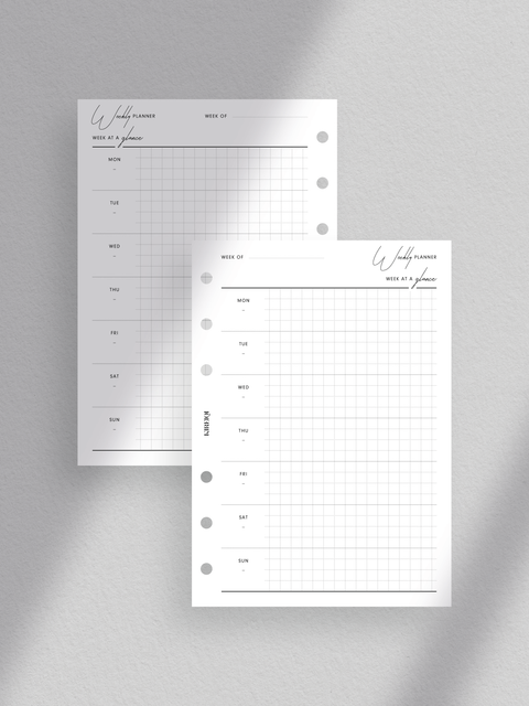 A6 size, weekly planner printable, Clean, sleek aesthetic luxe design layout, Minimalist style for modern organization, Instant digital download in PDF file format, Print at home for convenience, Week at a glance on one page.