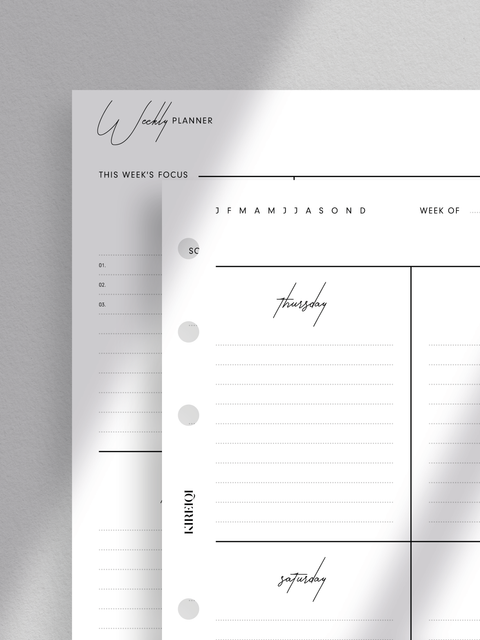 Weekly planner printable template for A6 size planners. The design is clean, minimalist, and aesthetically pleasing, featuring a week-on-two-pages layout with a dedicated section for weekly focus on objectives and goals.