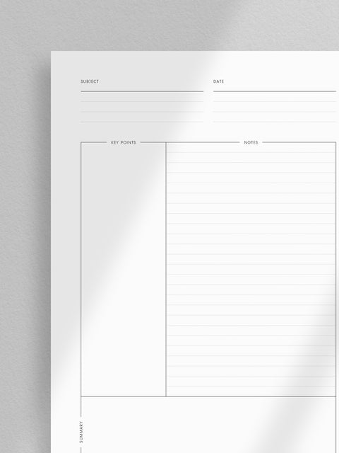 Cornell Note Taking Method printable. Instant digital download in A4, A5, US Letter, and Half Letter sizes. PDF format for easy use.