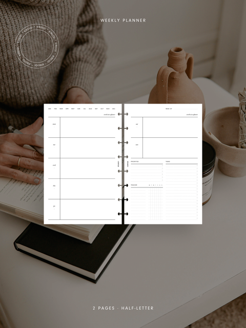 Half-letter size, weekly planner printable template. Digital download. PDF file. Elevate your organization with our comprehensive weekly planner featuring a week-at-a-glance section, priorities, tasks, tracker, and week-on-two-pages layout. Stay on top of your schedule effortlessly with this sleek, minimalist design. Instant digital download available for convenient printing at home. Perfect for maximizing productivity and achieving your goals.