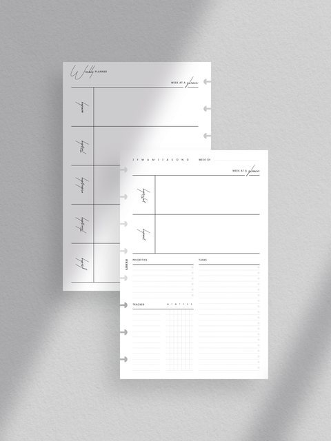 Half-letter size. Comprehensive weekly planner layout. Includes week at a glance, priorities, tasks, tracker. Features week on two pages design. Minimalist and sleek aesthetic. Perfect for efficient organization and goal achievement.
